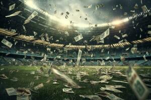 Illuminated soccer stadium and falling banknotes of bettors Generative AI photo