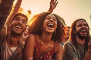 Happy friends from diverse cultures and races taking selfie with back lighting - Youth and friendship concept with young people having fun together - Main focus on left two guys -Generative AI photo