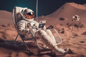 Astronaut sits in a beach chair on a Moon surface, holding phone in hands Generative AI photo