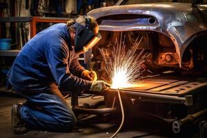 Welder on steel structure in factory photo
