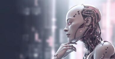 White woman cyborg on blurred background using digital chart interface 3D rendering photo