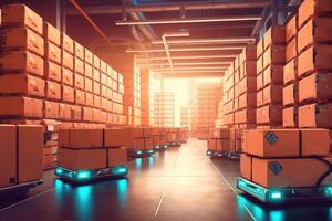 Automated Modern Retail Warehouse AGV Robots Transporting Cardboard Boxes in Distribution Logistics Center. Automated Guided Vehicles Delivering Goods, photo