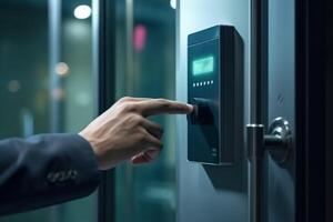 Wood door with smart lock, touch screen keypad and fingerprint, key less access photo
