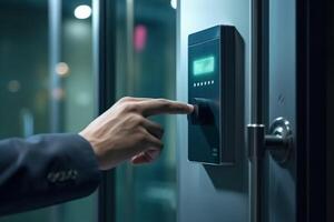 Wood door with smart lock, touch screen keypad and fingerprint, key less access Generative AI photo