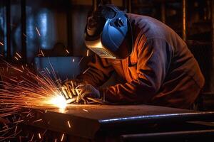 Welder on steel structure in factory photo