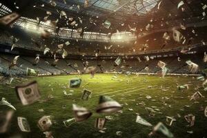 Illuminated soccer stadium and falling banknotes of bettors Generative AI photo