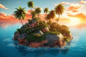 3D illustration blue tropical background of the sea in summer blurred with palm leaves and sunshine. Sea and sky with white clouds Summer holiday photo