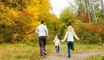 family, childhood, season and people concept - happy family in autumn park photo