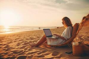 young woman working with a laptop on nature in summer beach Generative AI photo