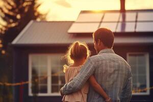 Rear view of dad holding her little girl in arms and showing at their house with installed solar panels. Alternative energy, s Generative AIaving resources and sustainable lifestyle concept. photo