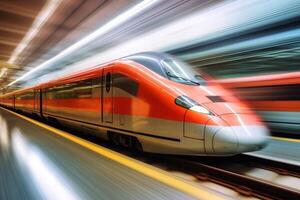train in motion on the railway station at sunset. Modern intercity passenger train with motion blur effect on the railway platform. Industrial. Railroad and blurred background photo