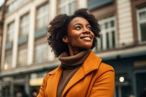 Happy African young woman wearing denim jacket laughing looking at camera standing on street. Smiling Afro American teen generation z hipster girl posing outdoor backlit with sunlight, Generative AI photo