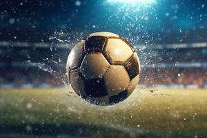 Water drops around soccer ball on blue background photo