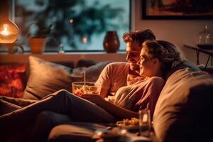 Romantic young couple relaxing at home and drinking red wine Generative AI photo