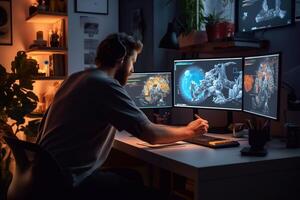anonymous hacker braking the personal online data in his office, dark blue, deep web photo