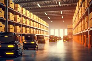 Automated Modern Retail Warehouse AGV Robots Transporting Cardboard Boxes in Distribution Logistics Center. Automated Guided Vehicles Delivering Goods, photo