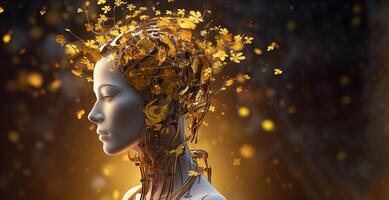White woman cyborg on blurred background using digital chart interface 3D rendering photo