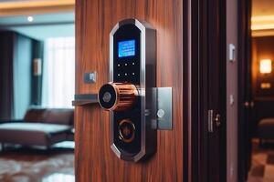 Locking smartlock on the entrance door using a smart phone remotely. Concept of using smart electronic locks with keyless access photo