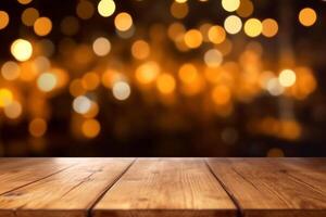 rustic wooden table in front of glitter black and gold bokeh lights photo
