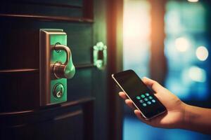 Woman locking smartlock on the entrance door using a smart phone. Concept of using smart electronic locks with keyless access photo