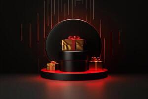 Black gift box with golden ribbon isolated on Black Background. 3d illustration of black gift box with gold ribbon. photo