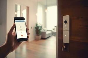 Smart Digital touch screen keypad access by entering pass code digital door handles on wood door Hotel or apartment door, future modern safety security technology more safe secure Generative AI photo