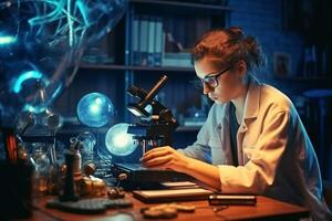 Bearded laboratory scientist or doctor using laptop computer and microscope for researching information at laboratory. Smiling caucasian university student studying medicine. photo