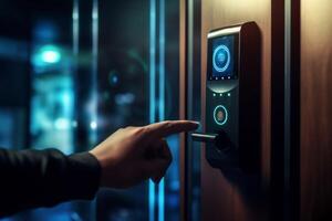Locking smartlock on the entrance door using a smart phone remotely. Concept of using smart electronic locks with keyless access photo
