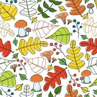 Seamless pattern of leaves, berries and mushrooms. Autumn theme in the style of doodle vector