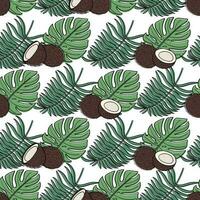Seamless summer pattern with tropical leaves and coconuts in doodle style. Coconut pattern with leaves vector