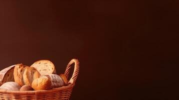 A basket of freshly baked bread. Web banner with copy space. Generative AI photo