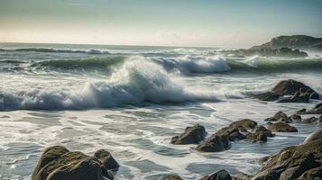 A beach scene with waves crashing on the shore. Generative AI photo