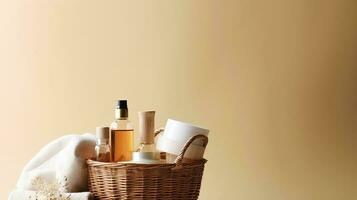 A basket of beauty products. Web banner with copy space. Generative AI photo