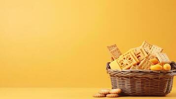 A basket of cheese and crackers. Web banner with copy space. Generative AI photo
