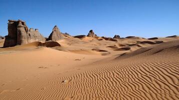 A desert with sand dunes and rock formations. photo