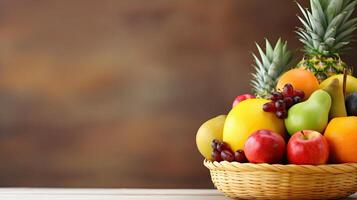 A basket of fresh fruit. Web banner with copy space. Generative AI photo