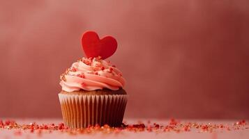 A cupcake with a heart-shaped decoration. Web banner with copy space. Generative AI photo