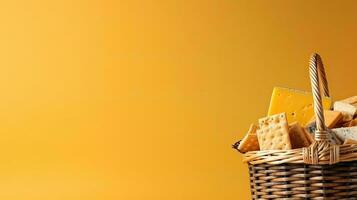 A basket of cheese and crackers. Web banner with copy space. Generative AI photo