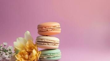 A stack of colorful macarons. Web banner with copy space. Generative AI photo