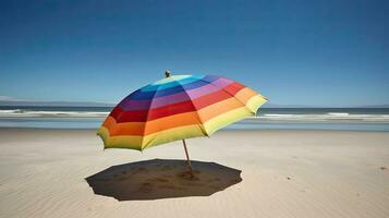un vistoso playa paraguas en un arenoso playa. generativo ai foto