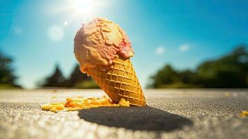 A colorful ice cream cone melting in the sun. Generative AI photo