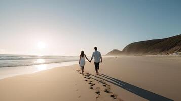 A beach scene with a couple walking hand in hand. photo