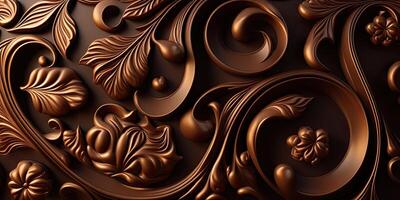 Close-up of delicious dark chocolates drops, cookie and dessert. Flat lay pattern on a brown background. Top view. photo
