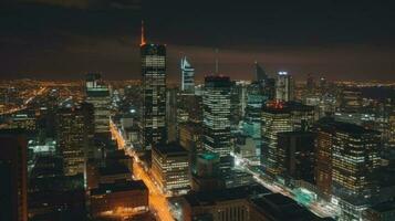 un ciudad horizonte con alto edificios y brillante luces. generativo ai foto