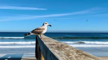 A beach scene with a seagull perched on a pier. Generative AI photo