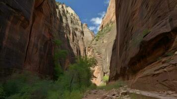 A canyon with steep rock walls. Generative AI photo