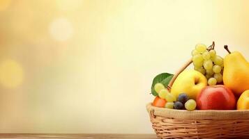 A basket of fresh fruit. Web banner with copy space. Generative AI photo
