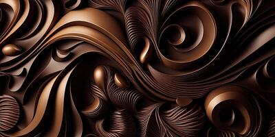 Close-up of delicious dark chocolates drops, cookie and dessert. Flat lay pattern on a brown background. Top view. photo