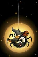 Cute cartoon fluffy little spider in witch hat  hanging on his spiderweb on the full moon vector