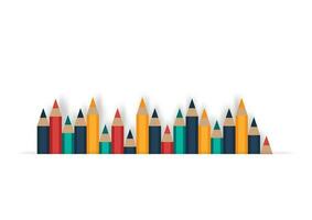 Back to school and education concept. Set of sharpened colored pencils or crayons on white background with copy space. Flat design for a banner. The art and study pictures in the classroom. vector